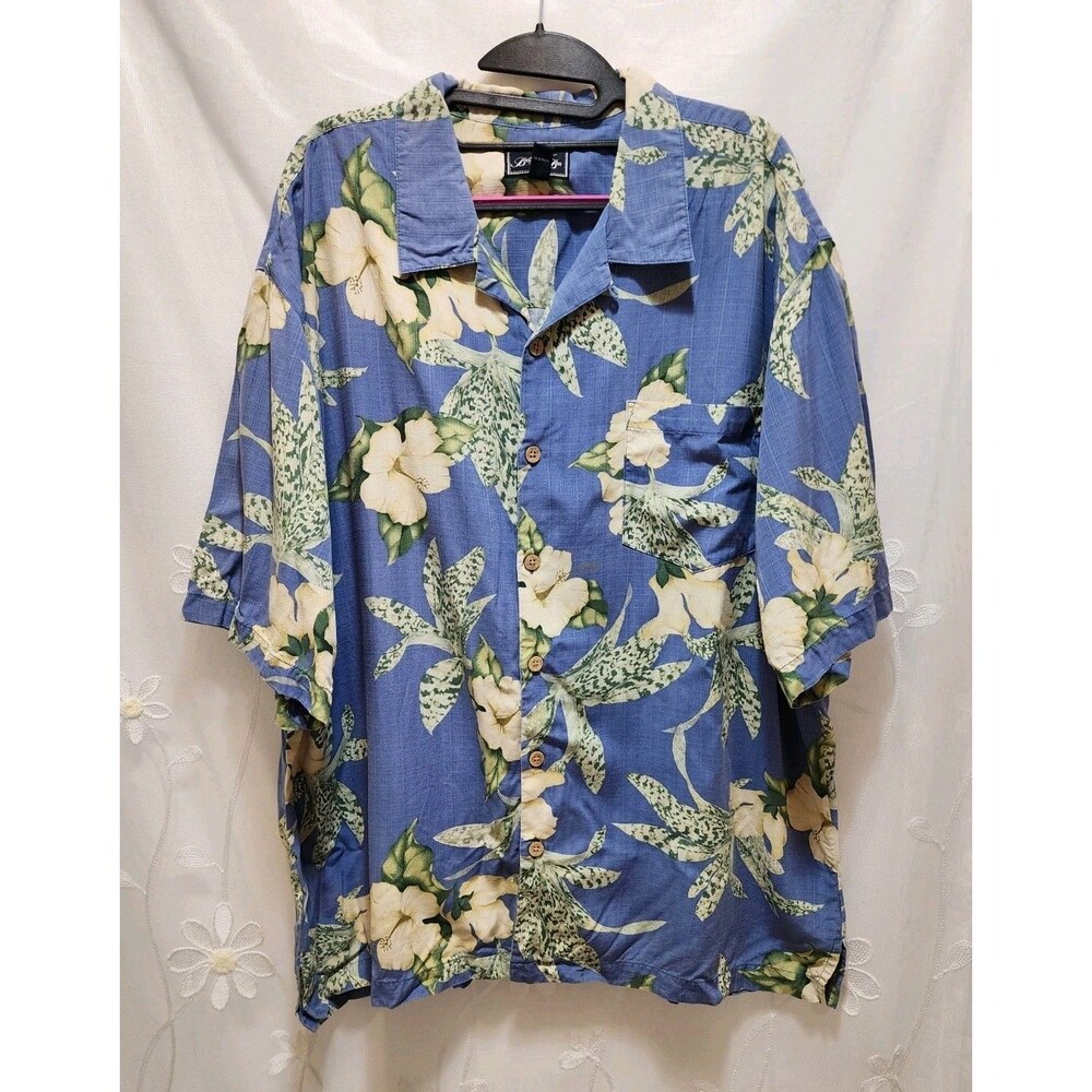 Bermuda Bay Men XL Blue Green Leaf Shirt Button Silk Tropical Vaca Hawaiin Aloha